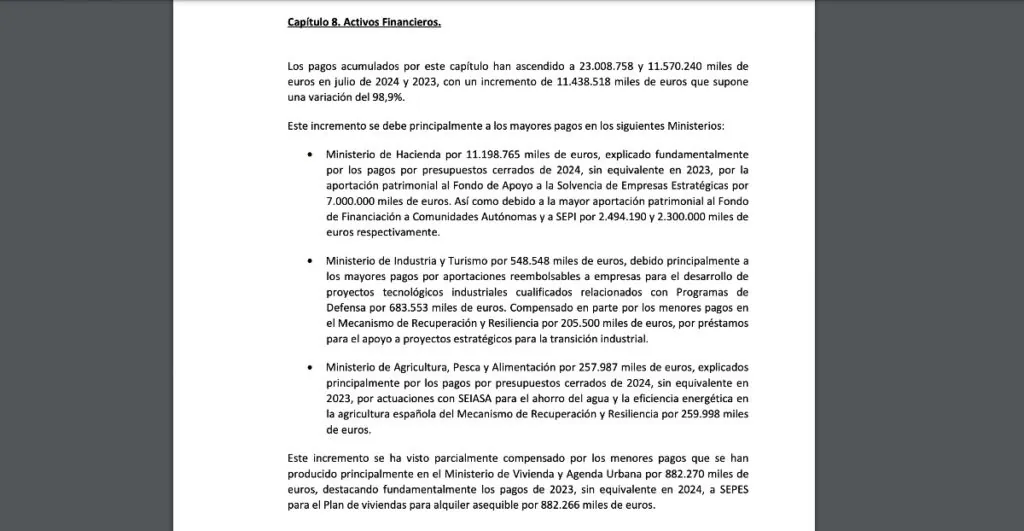 Redacción original del avance comentado de pagos de la IGAE de julio de 2024, donde se refleja la aportación patrimonial de 7.000 millones de Hacienda a la SEPI.