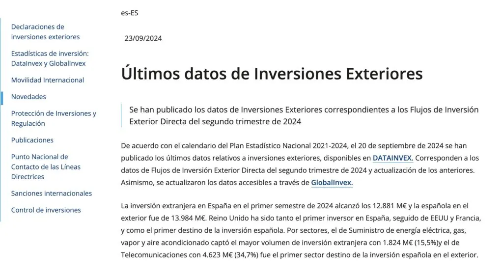 Pantallazo de la web del Ministerio de Economía con los datos de inversión originales del primer semestre.