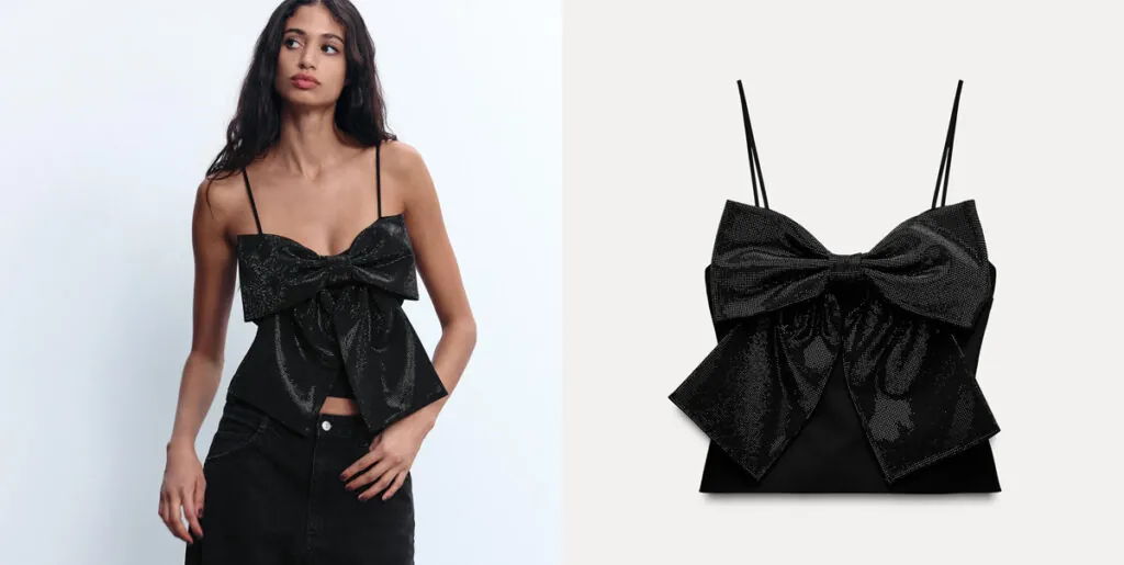 Top de lentejuelas negras con lazo XXL de Zara