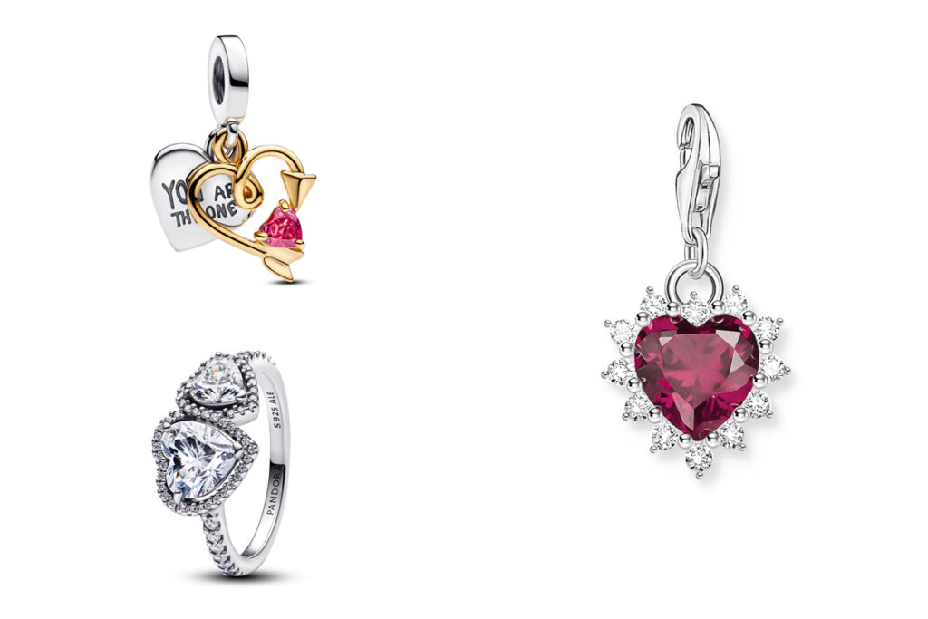 PANDORA Charm grabable con forma de corazón y anillo con brillantes // THOMAS SABO Charm de corazón rojo
