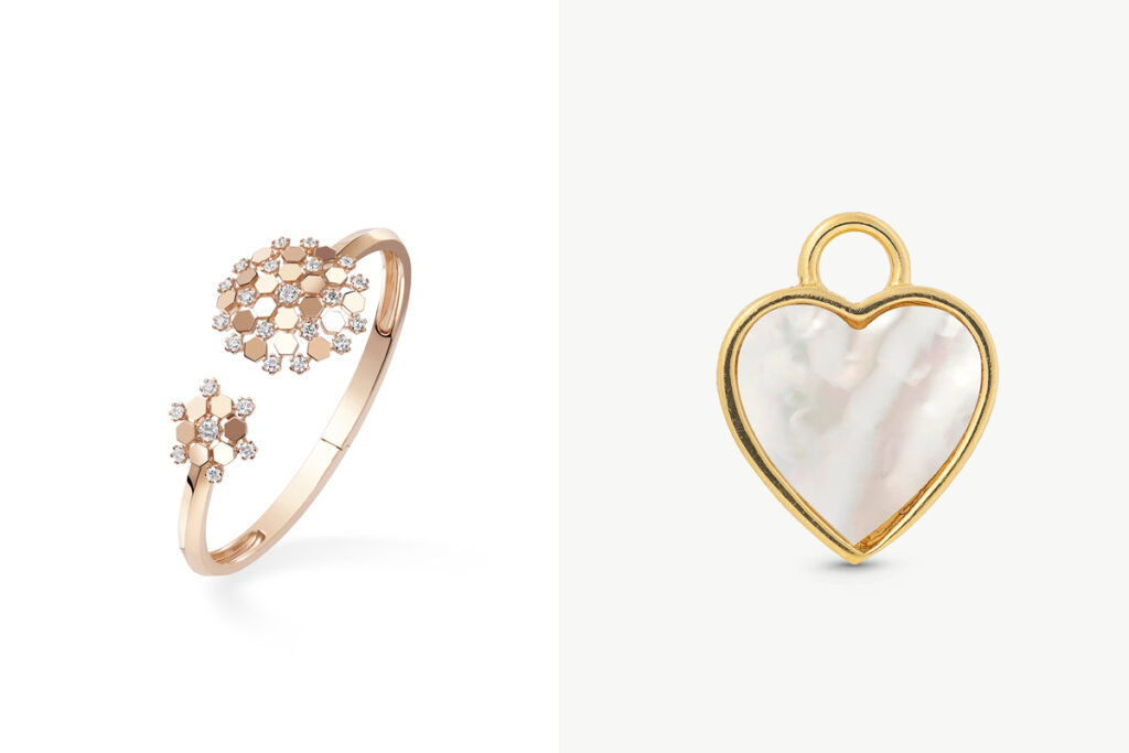 CHAUMET Pulsera con forma de panal // MAJORICA Charm con forma de corazón