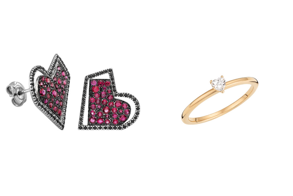 ISABEL GUARCH Pendientes negros y rosas // WEMPE Anillo con gema en forma de corazón