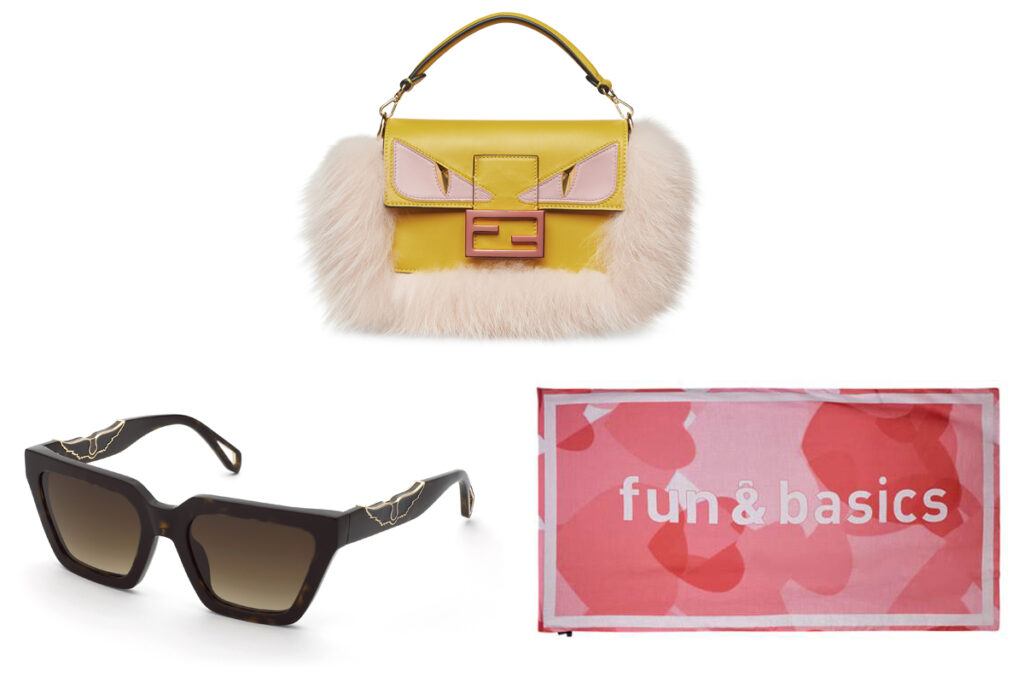 FENDI Bolso amarillo con pelo rosa // ZADIG & VOLTAIRE Gafas de sol con montura de fantasía // FUN & BASICS Pañuelo con corazones