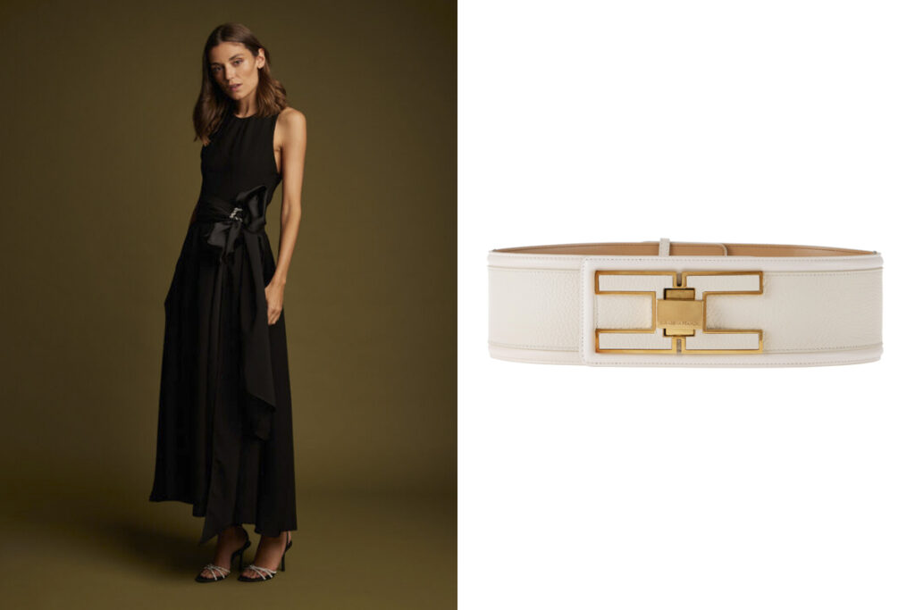 ARTÔLA COUTURE Vestido con lazada en cintura // ELISABETTA FRANCHI Cinturón ancho en blanco
