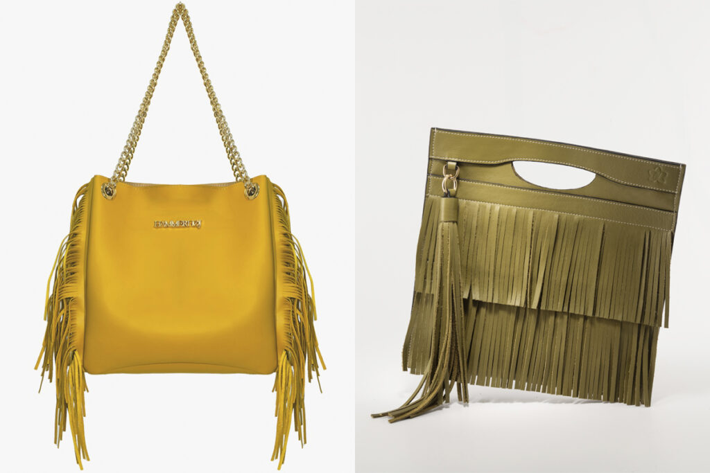 HAMMERHOJ de Tenerife Moda Bolso amarillo. (PVP: 180€)// ANGIE VÁSQUEZ Diseño con doble cascada. (PVP: 220€)