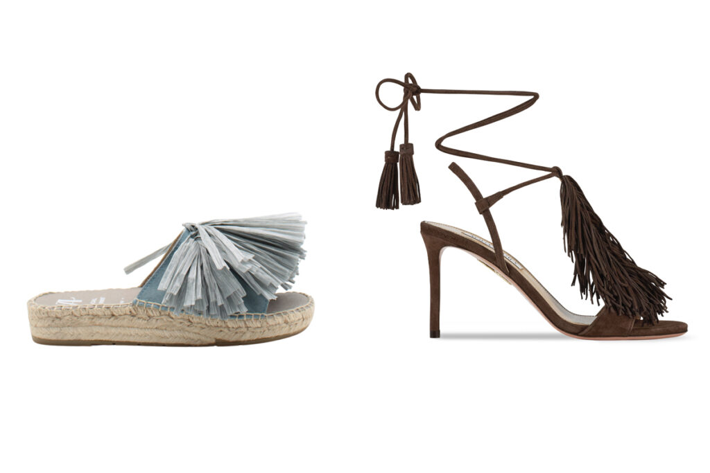 JUNCAL AGUIRRE Chancla con flecos azules. (PVP: 83€) // AQUAZZURA Sandalia de tacón. (PVP: 795€)