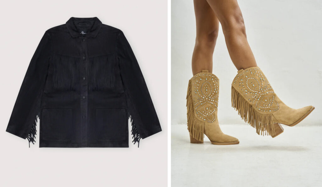 THE NEW SOCIETY Cazadora de piel con flecos. (PVP: 595€) // ALMA EN PENA Botas cowboy. (PVP: 215€)