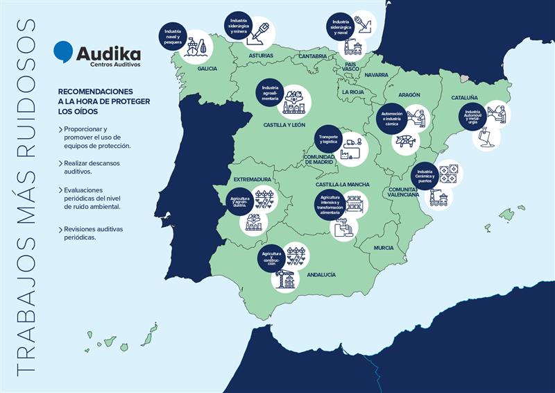 Mapa de los lugares donde se realizan trabajos con más riesgo para la audición.
