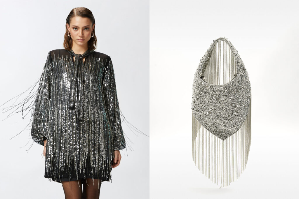 PINKO Vestido de flecos. (PVP: 895€) // PARFOIS Bolso metalizado. (PVP: 46€)