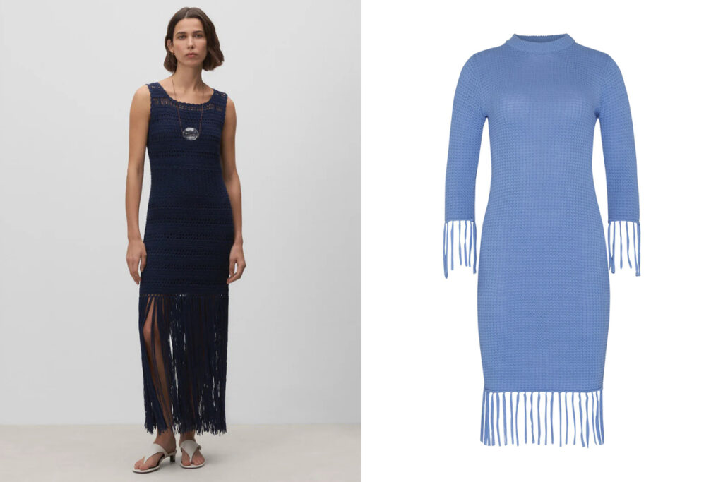 SIMORRA Vestido largo marino (PVP: 198€) // BLACK BOOK THE LABEL Diseño azul con flecos cortos (PVP: 69€)