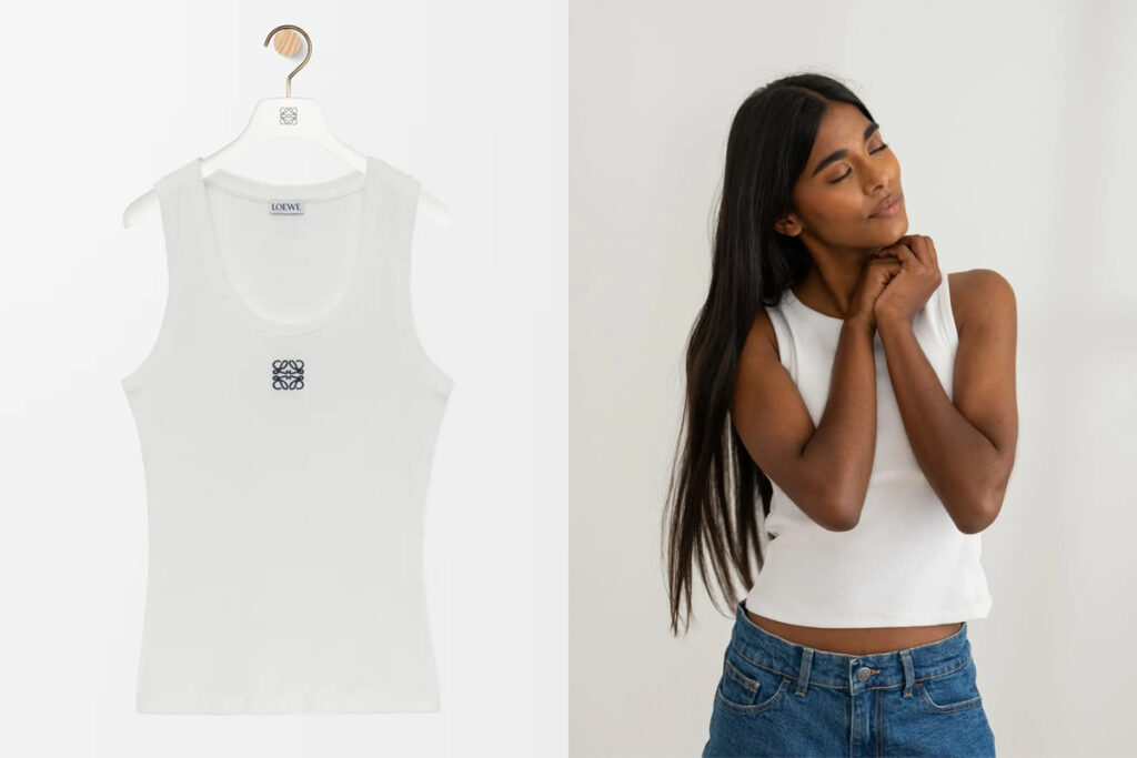 LOEWE Tank top con logotipo (PVP: 350€) // CLOTSY Camiseta de tirantes blanca (PVP: 39.90€)