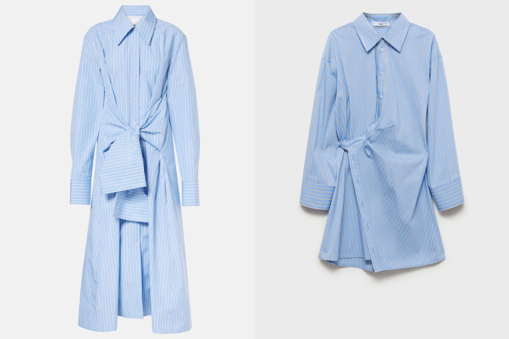 JIL SANDER Vestido camisero con cinturón (PVP: 1.015€) // MANGO Diseño cruzado en color azul (PVP: 25€)