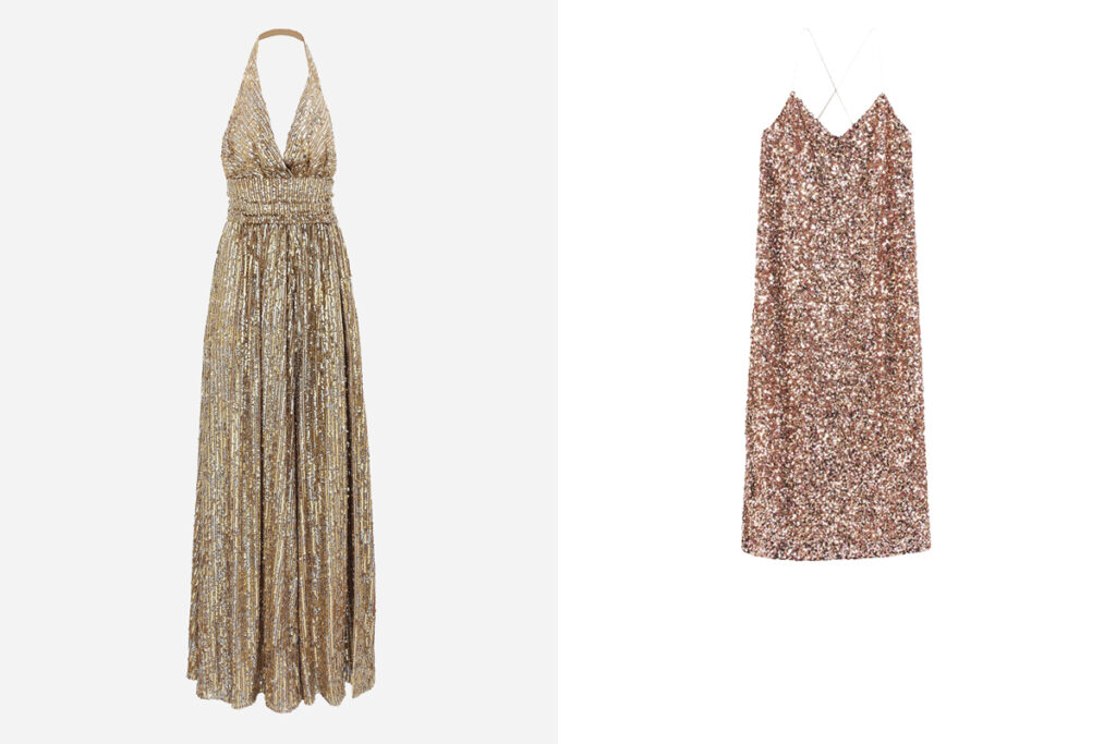 DOLCE & GABBANA Vestido largo dorado (PVP: 7.500€) // LA REDOUTE Diseño de lentejuelas (PVP: 79.99€)