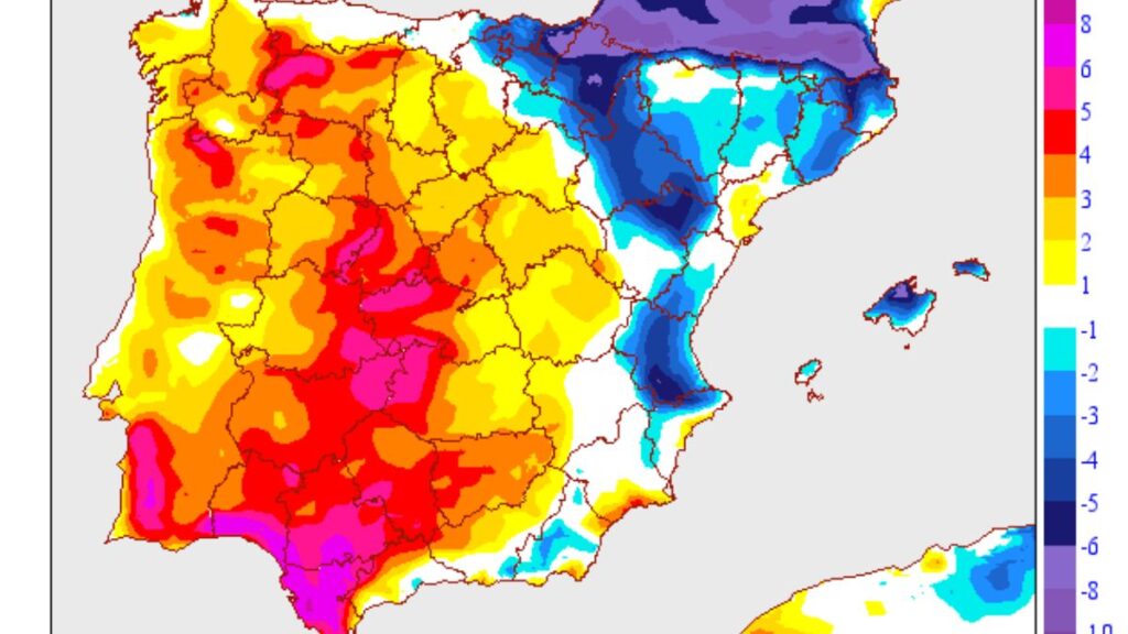 Mapa que representa la variación de las temperaturas máximas durante la ola de calor en la península. Aemet