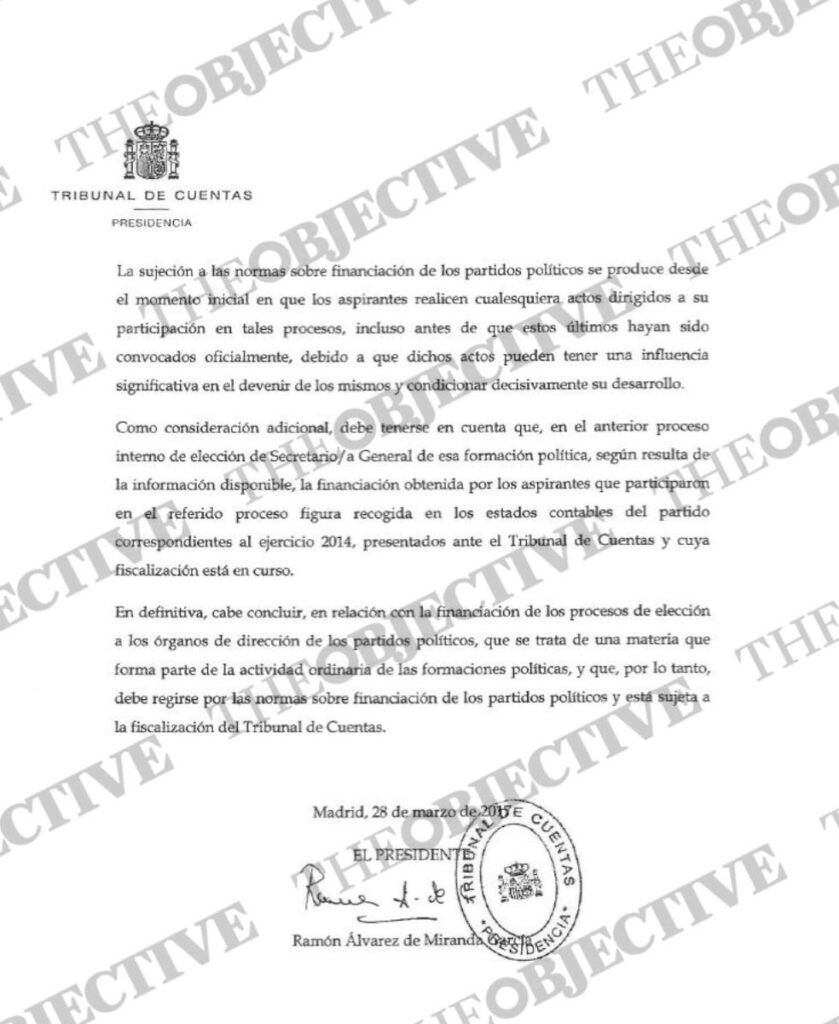 Carta del Tribunal de Cuentas sobre las donaciones en las primarias de 2017