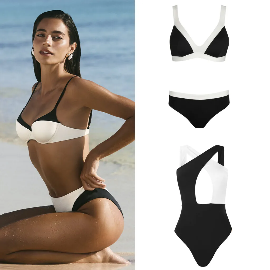 CALZEDONIA Modelo con bikini blanco y negro // C&A Diseño negro con ribete blanco // DOLORES CORTÉS Propuesta cruzada bicolor