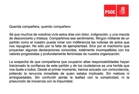 Lea aquí completa la última carta de Pedro Sánchez, esta vez a la militancia del PSOE
