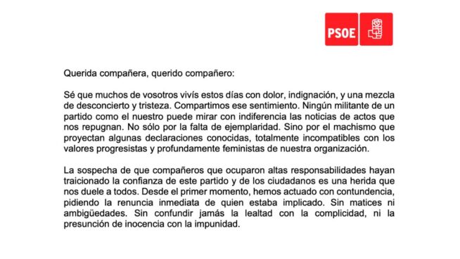 Lea aquí completa la última carta de Pedro Sánchez, esta vez a la militancia del PSOE