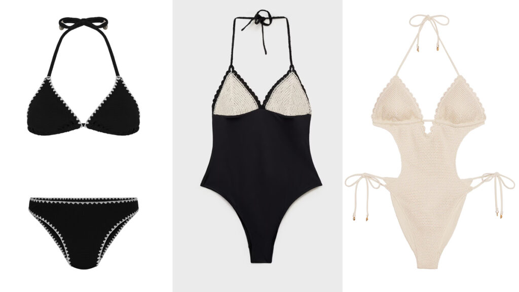 HUNKEMÖLLER Bikini negro con ribete blanco // MANGO Bañador negro con pecho en crochet // VICTORIA´S SECRET Bañador de punto blanco