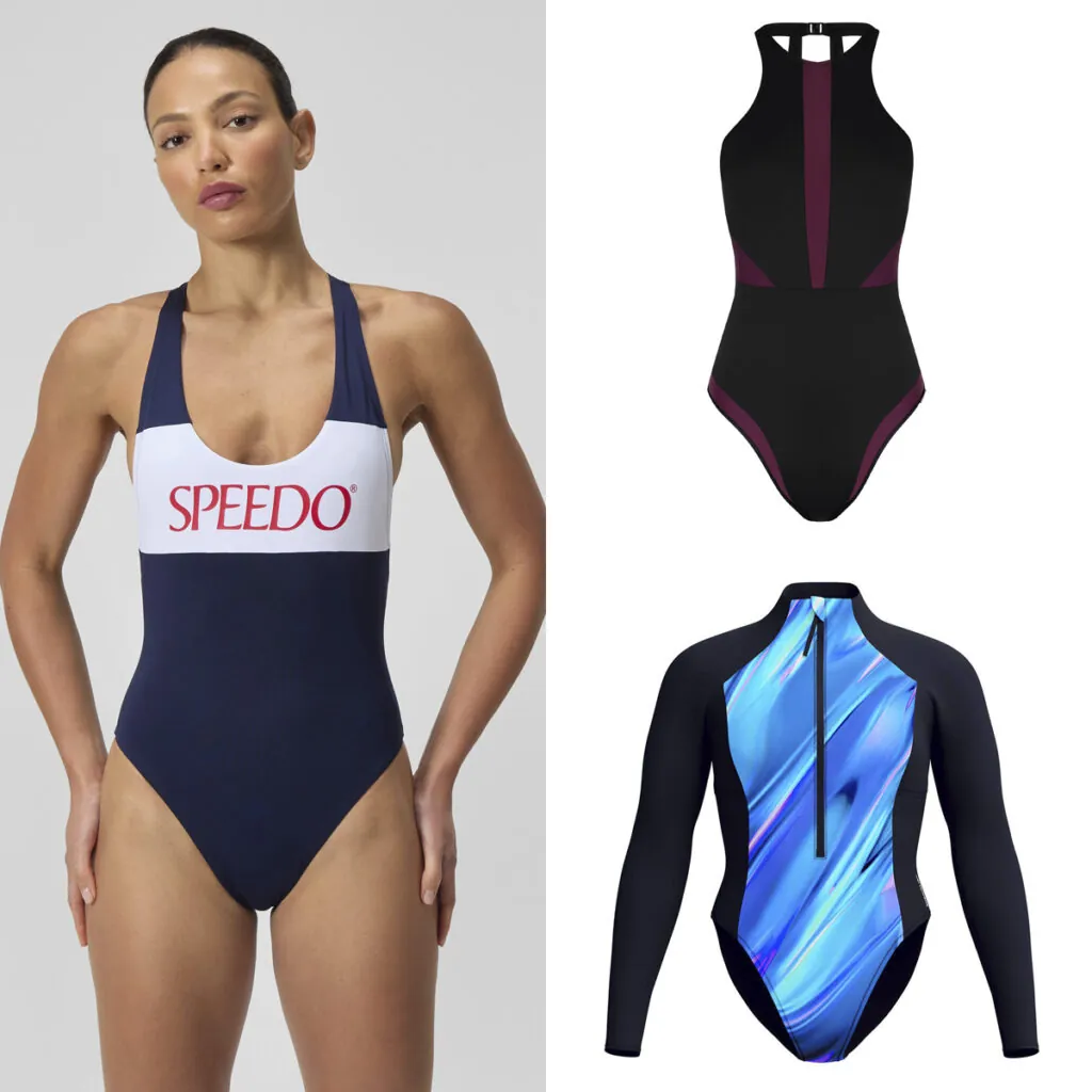 SPEEDO Modelo con un diseño azul y blanco // DOLORES CORTÉS Bañador negro y morado // SPEEDO Propuesta de estilo surfer