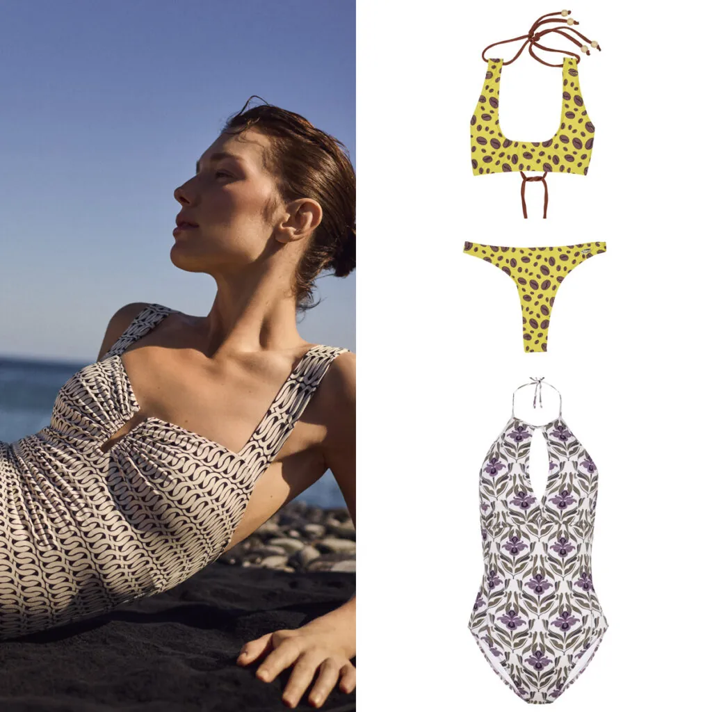 ÉNFASIS Modelo con diseño estampado // WAIOLA de Tenerife Moda Bikini con dibujo de granos de café // BYAN modelo blanco estampado