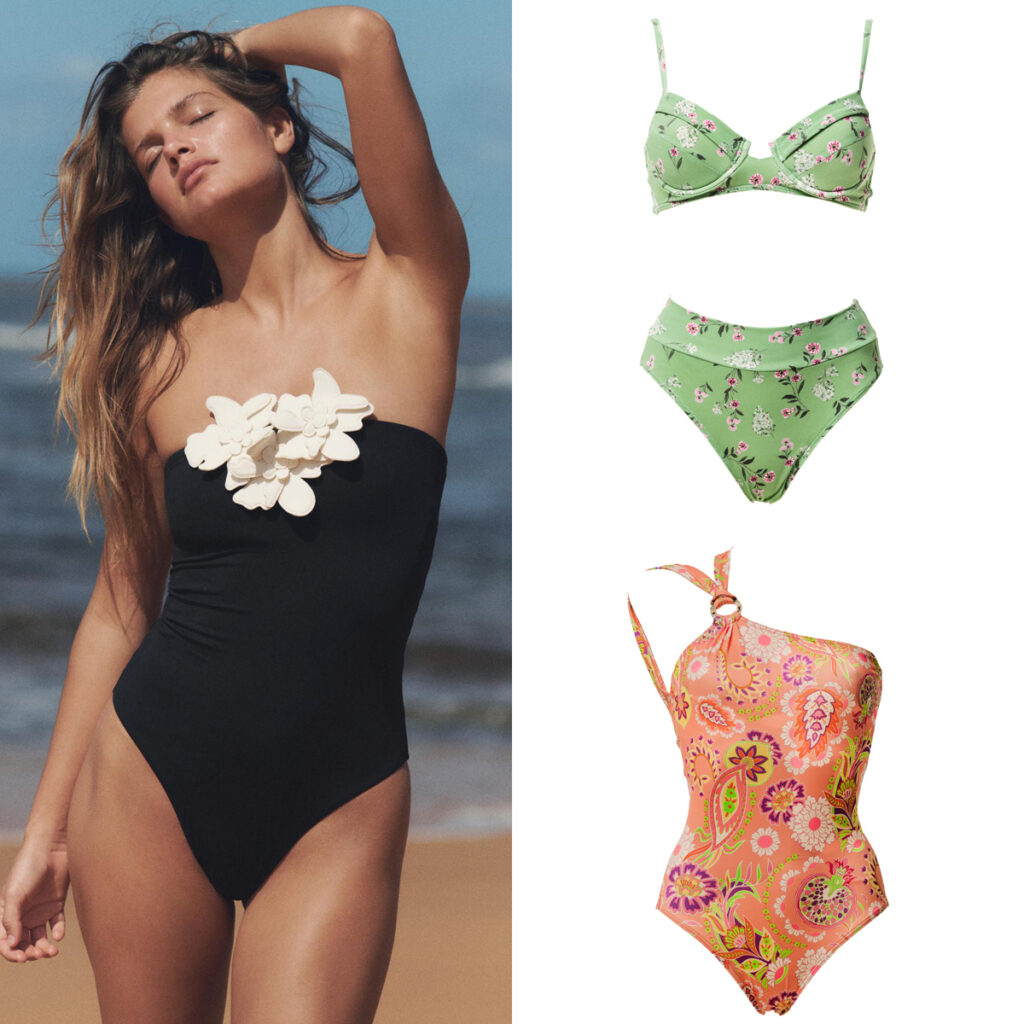 ZARA Dieño con flores en el escote // MOMMY LOVES Bikini verde con flores // MOMMY LOVES Diseños asimétrico