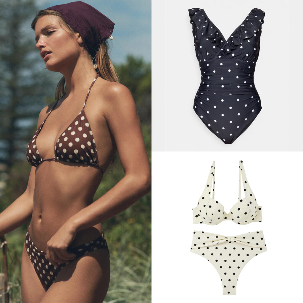 ZARA Modelo con bikini marrón // ZALANDO Bañador marino con lunares // ETAM Bikini blanco estampado