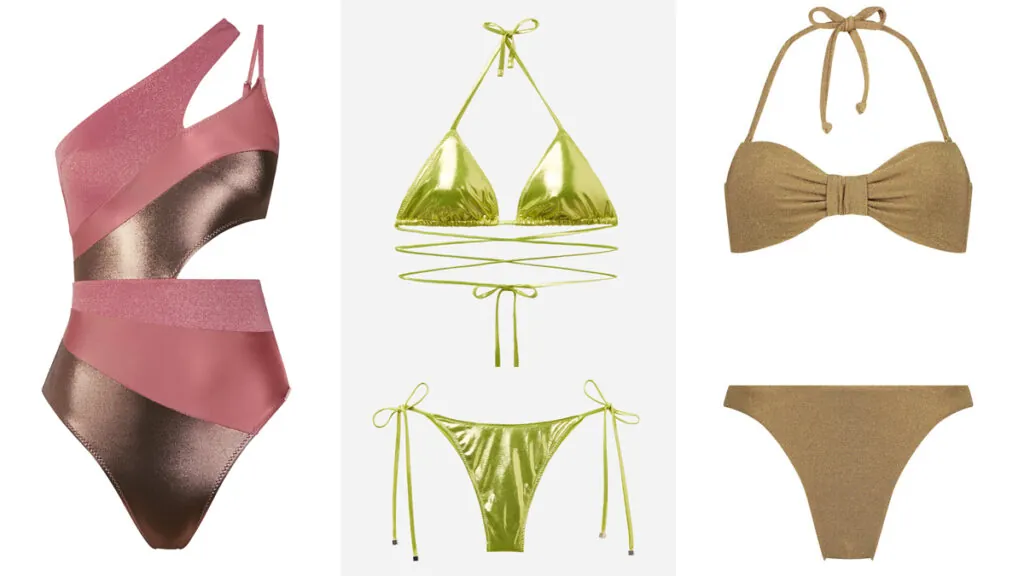 DOLORES CORTÉS Bañador asimétrico rosa y bronce // CALZEDONIA Bikini anudado color lima // HUNKEMÖLLER Diseño dorado