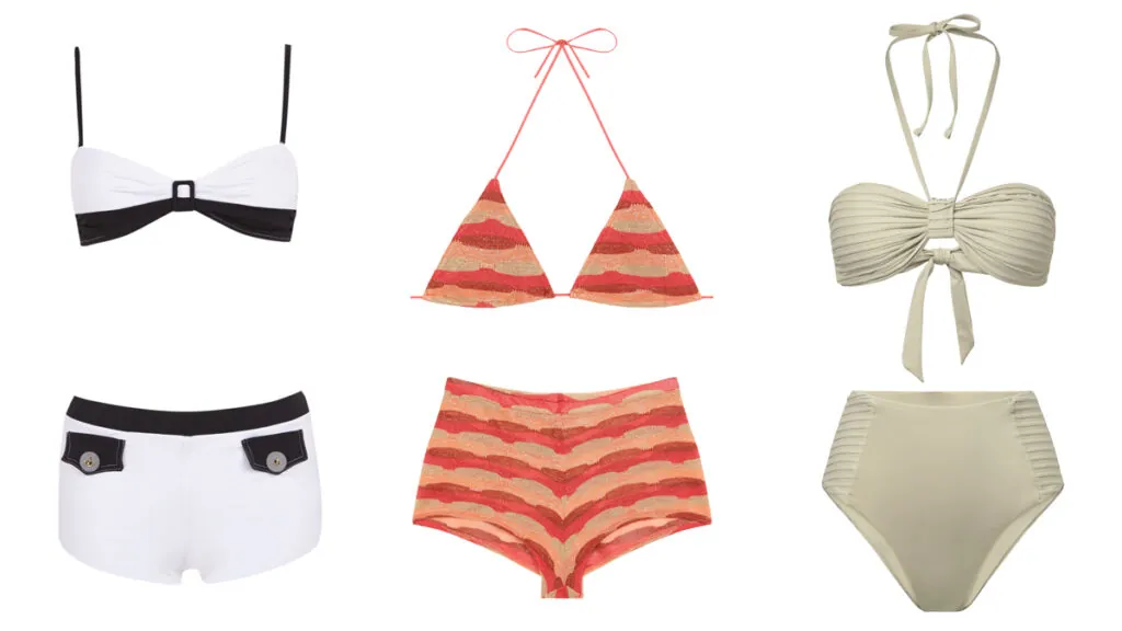 GUILLERMINA BAEZA Bikini de estilo navy // CAMILA Propuesta a a rayas // SIMORRA Bikini beige con escote halter
