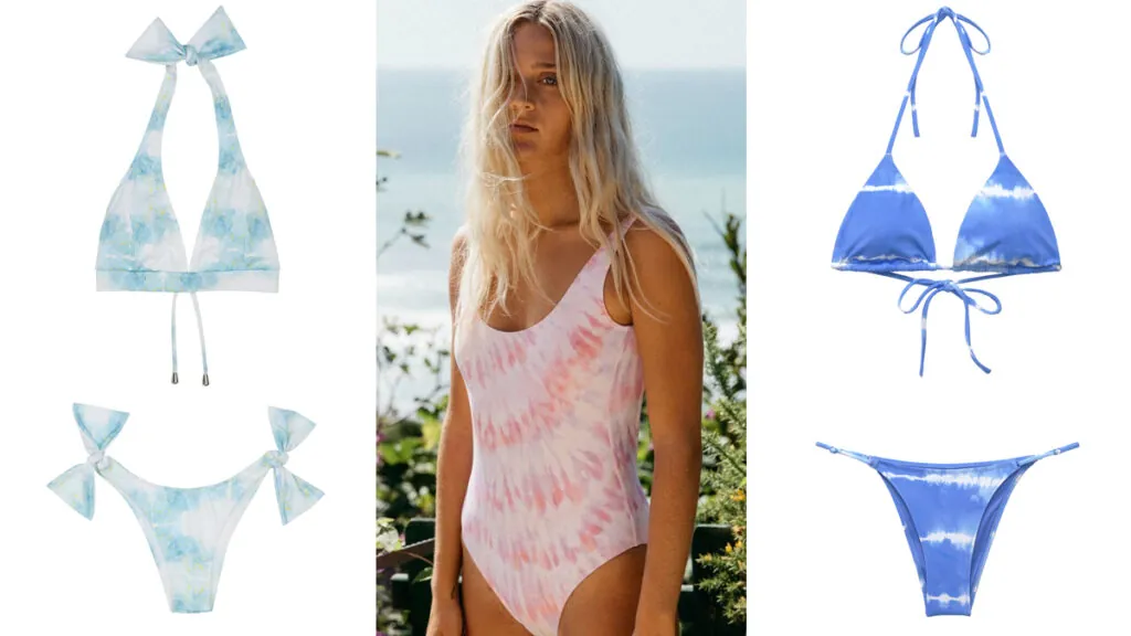 ANANAS de Tenerife Moda Bikini con lazos // BILLABONG Modelo con propuesta en tie dye rosa // PULL & BEAR Bikini con estampado azul