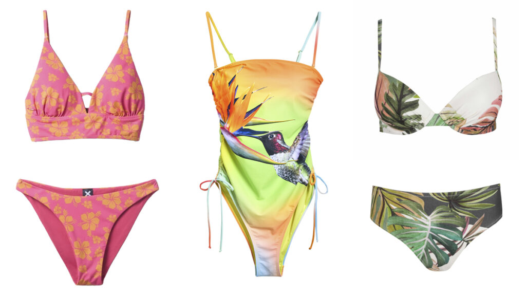 BLUE BANANA Bikini rosa con flores hawaianas // DESIGUAL Bañador con dibujo de pájaro // C&A Modelo con estampado vegetal
