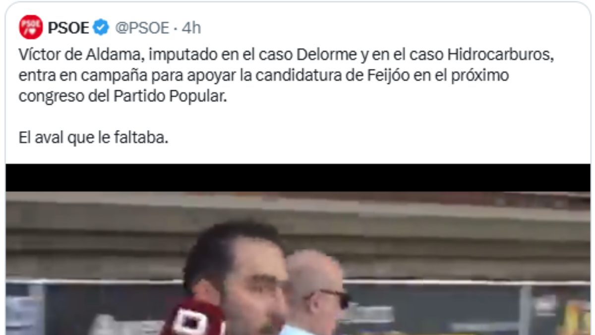 El PSOE vuelve a publicar un tuit diciendo que Aldama apoya a Feijóo en el Congreso del PP