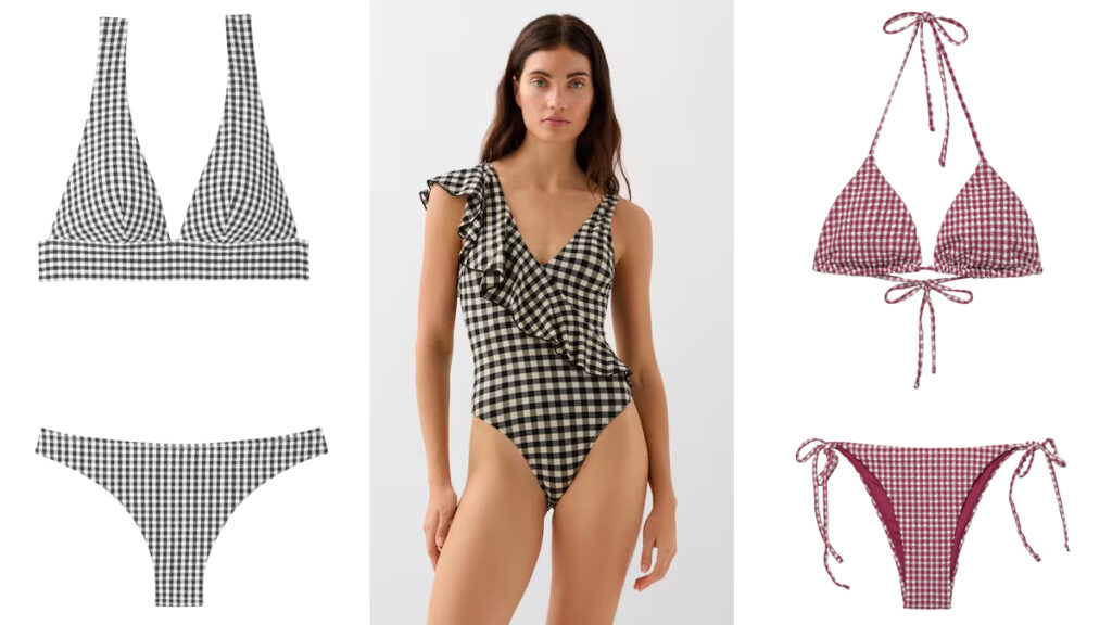 ETAM Bikini de cuadros negros y blancos // SCALPERS Bañador con volante // PULL & BEAR Propuesta en rojo y blanco