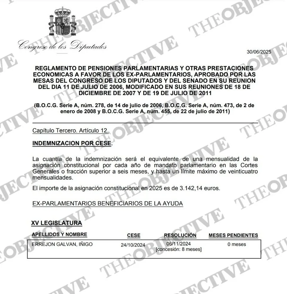 Acta de la indemnización parlamentaria de Errejón