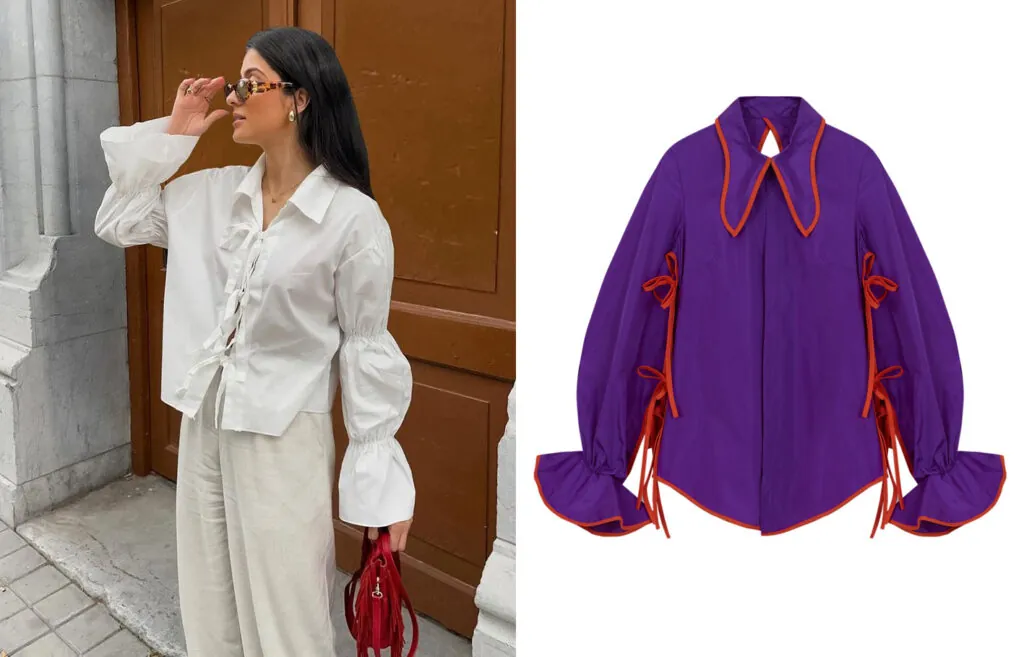 BASYCO JEREZ Blusa blanca de mangas abullonadas // BEATRIZ PEÑALVER Camisa morada con lazos
