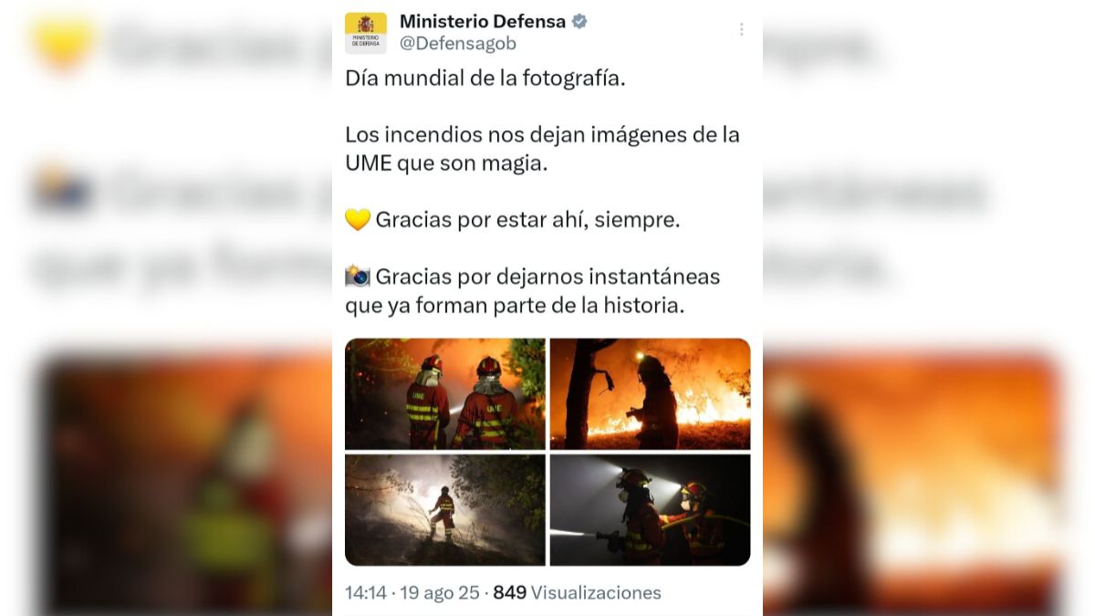 Defensa borra un tuit en el que celebraba el día mundial de la fotografía con imágenes de los incendios