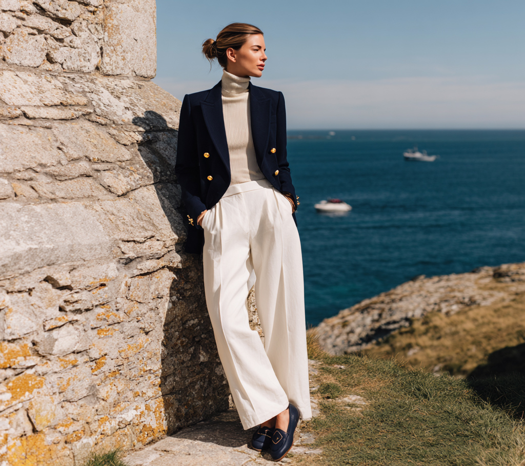 Look con blazer marino con botones dorados de Sumissura