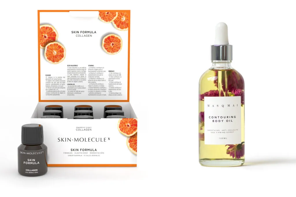 SKIN MOLECULE X Viales sabor naranja. (PVP: 49.90€) // MASQMAI Aceite corporal. (PVP: 46€)
