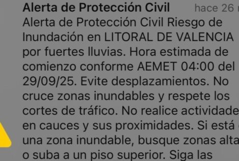 La Generalitat envía una alerta a los móviles del norte de Castellón y Valencia por fuertes lluvias