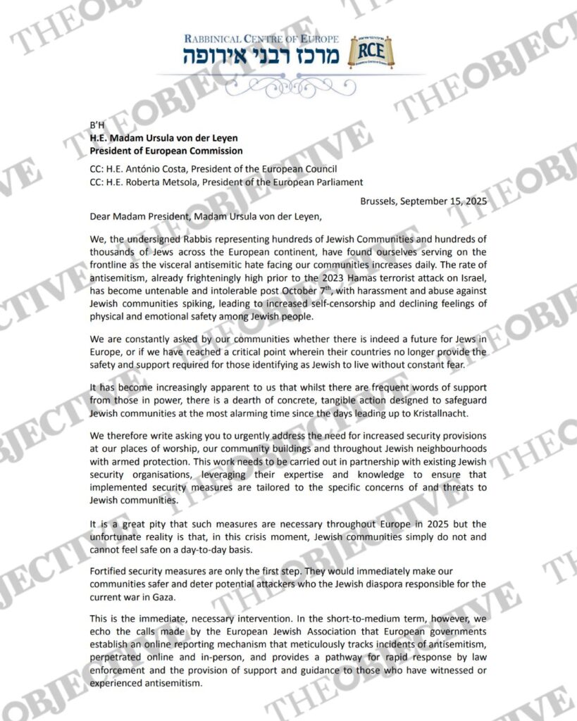 Carta enviada por un centenar de rabinos europeos a las instituciones comunitarias