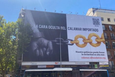 Una lona gigante frente a Agricultura revela la verdad sobre el calamar importado