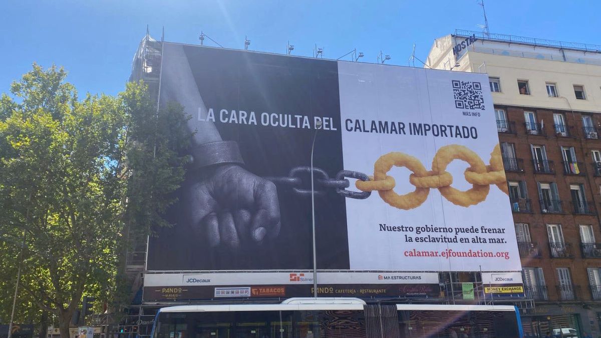 Una lona gigante frente a Agricultura revela la verdad sobre el calamar importado