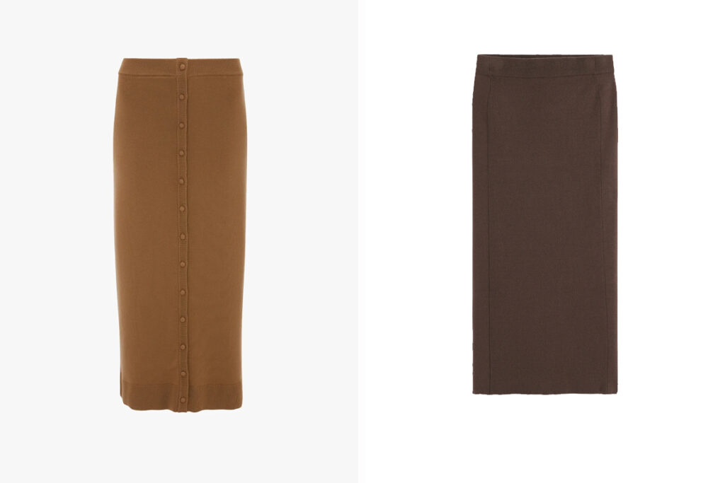 VICTORIA BECKHAM Falda con botonadura central. (PVP: 665€) // LA REDOUTE Diseño en marrón oscuro. (PVP: 39.99€)