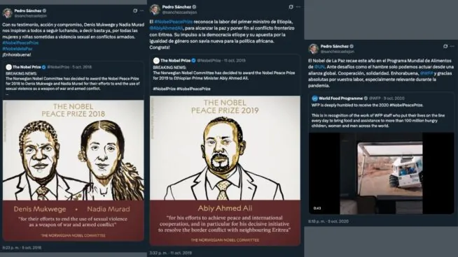 Sánchez miente al decir que nunca ha felicitado a un Nobel de la Paz: lo ha hecho seis veces
