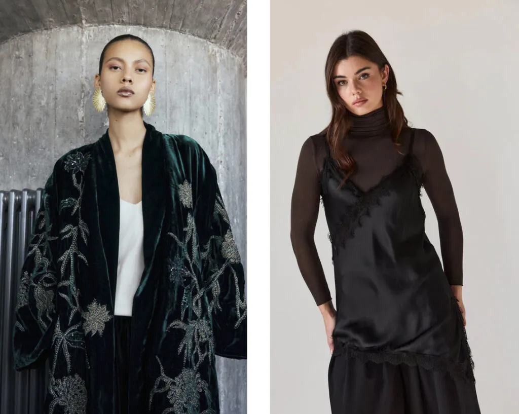 SFERA Abrigo de terciopelo con pedrería sobre top lencero // ALGO BONITO Slip dress sobre camiseta de cuello vuelto