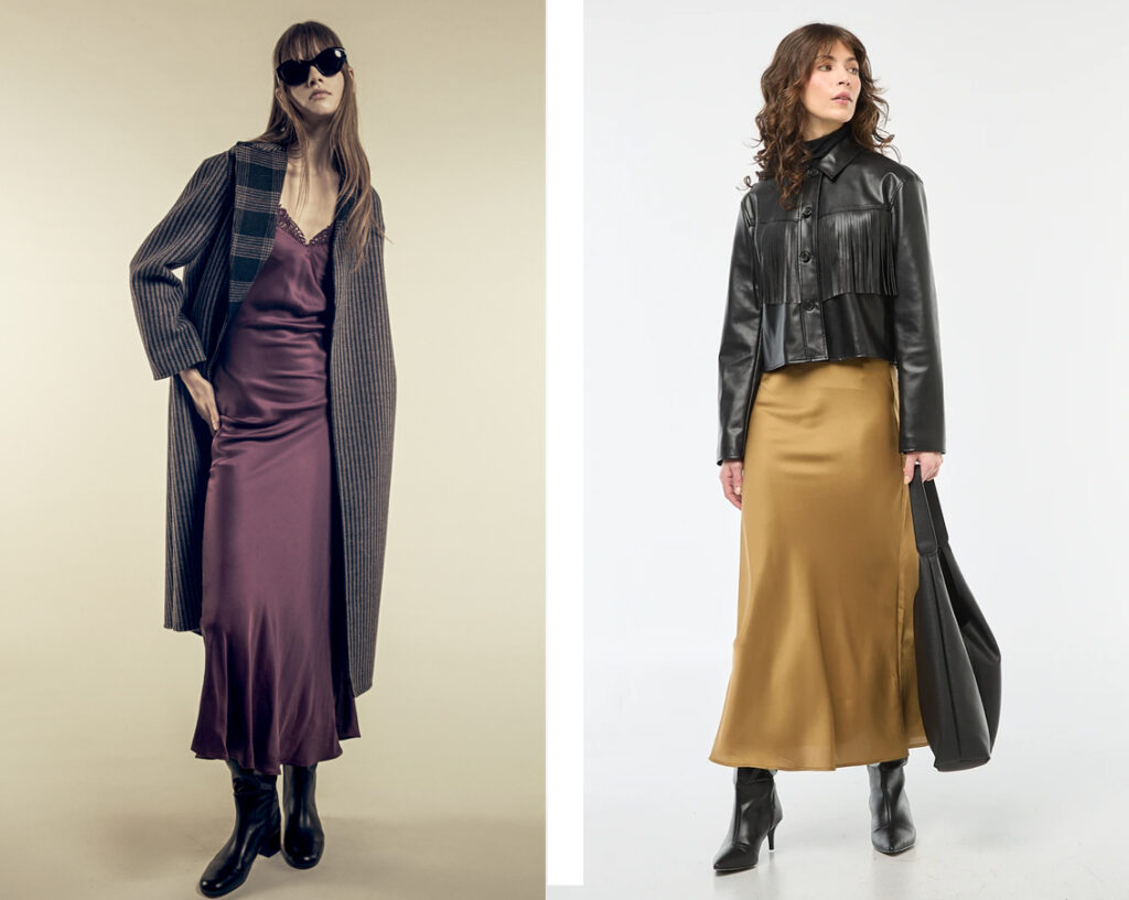 TWINSET Abrigo de punto sobre vestido lencero // KIABI Cazadora de cuero con falda satinada