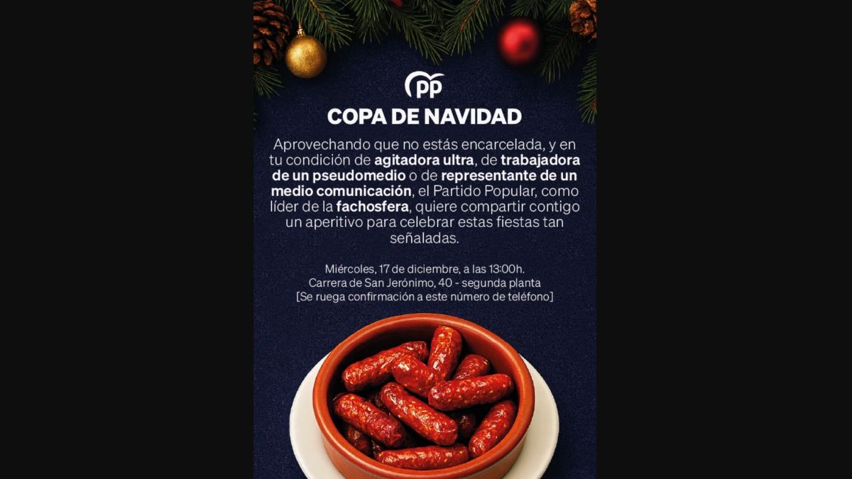 La invitación del PP a la prensa a su copa de Navidad: guiño a la trama Koldo y sus chistorras