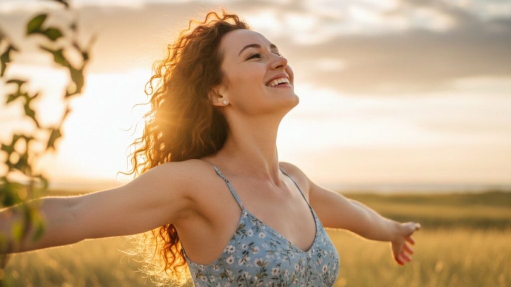 Una mujer feliz con sentimientos negativos y positivos