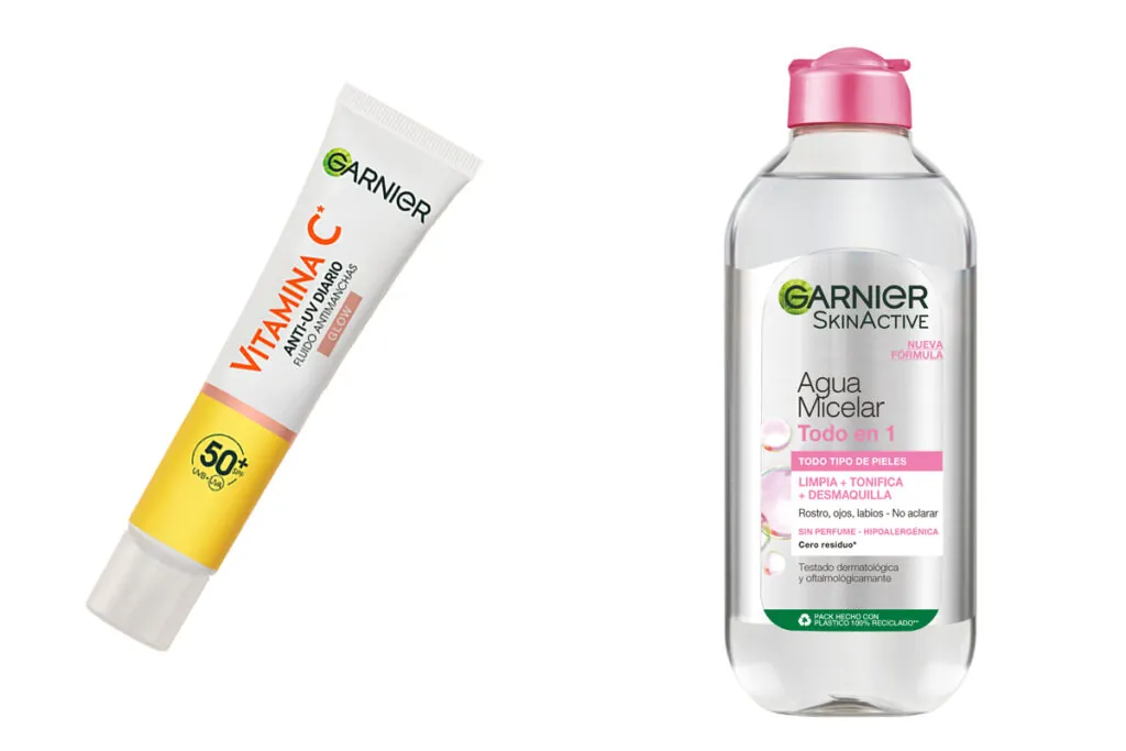 Fluido anti-manchas (PVP: 11.99€) y agua micelar Todo en 1 (PVP: 4.99€) de Garnier