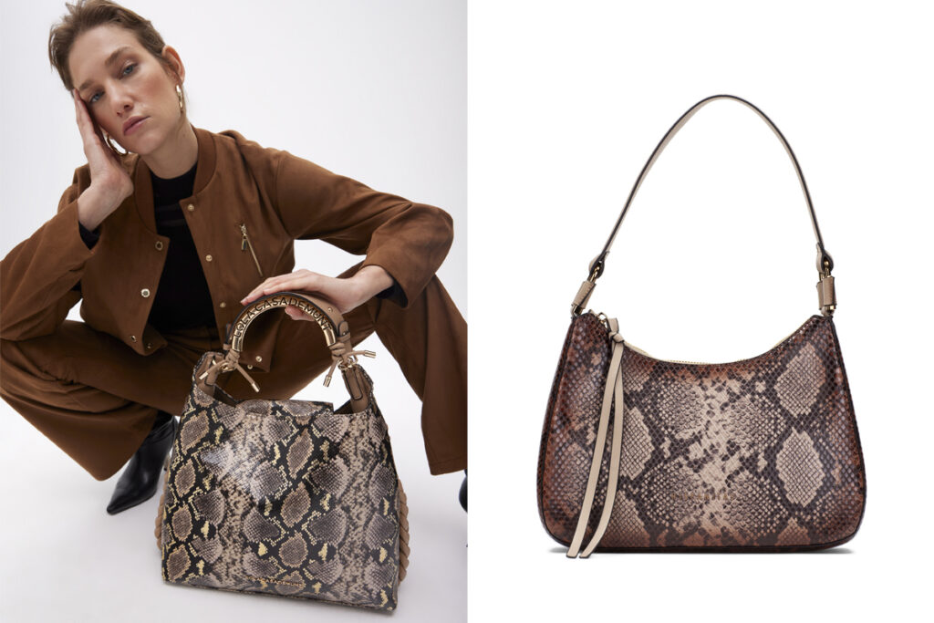 LOLA CASADEMUNT Bolso con asa metálica (PVP: 149€) // HISPANITAS Bolso con estampado de serpiente. (PVP: 89€)
